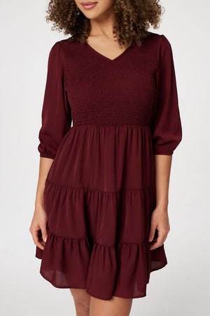 Red | 1/2 Sleeve Smocked Mini Dress