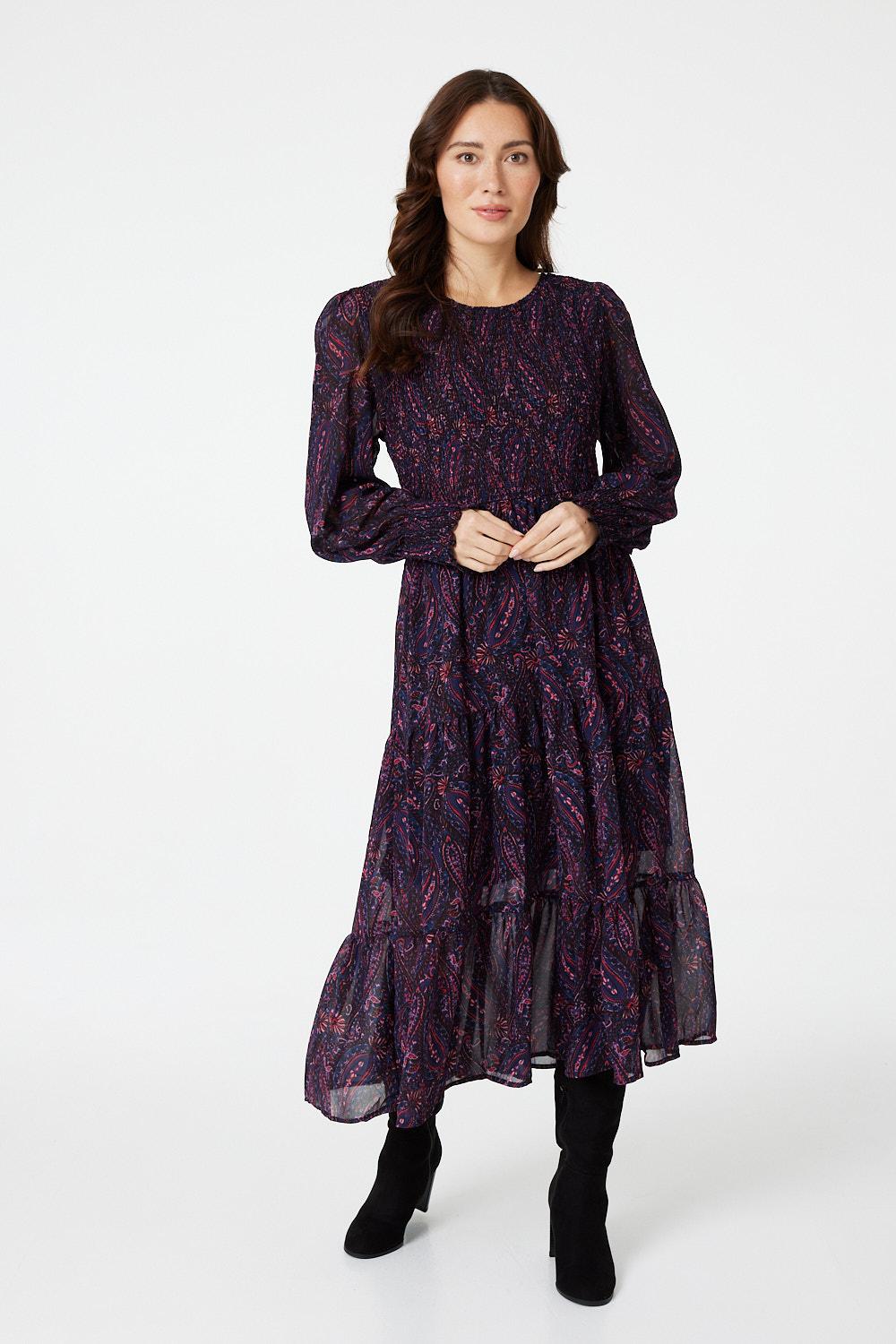 Burgundy | Paisley Print Smocked Midi Dress