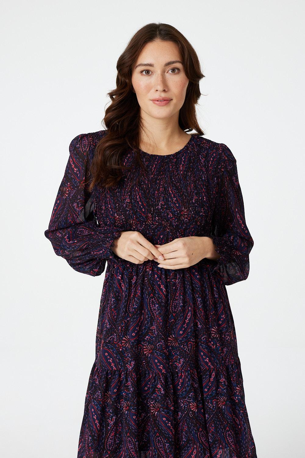 Burgundy | Paisley Print Smocked Midi Dress