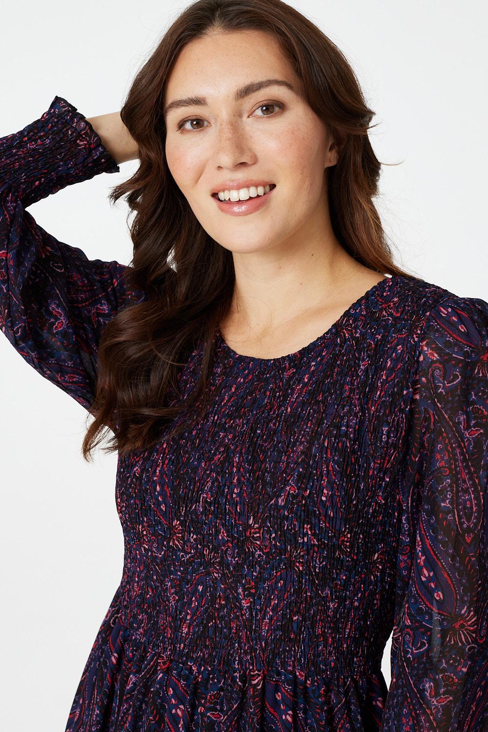 Burgundy | Paisley Print Smocked Midi Dress