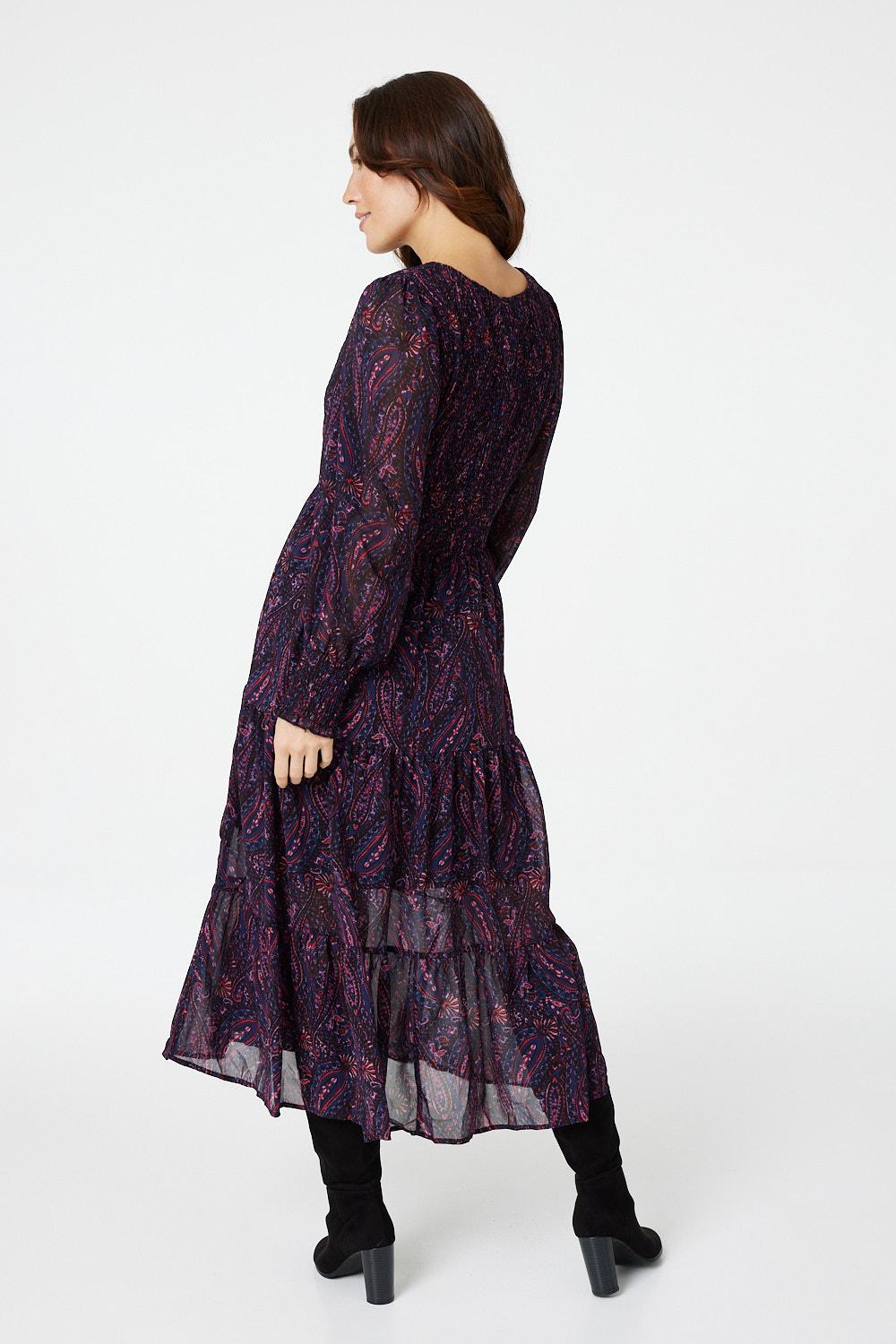 Burgundy | Paisley Print Smocked Midi Dress