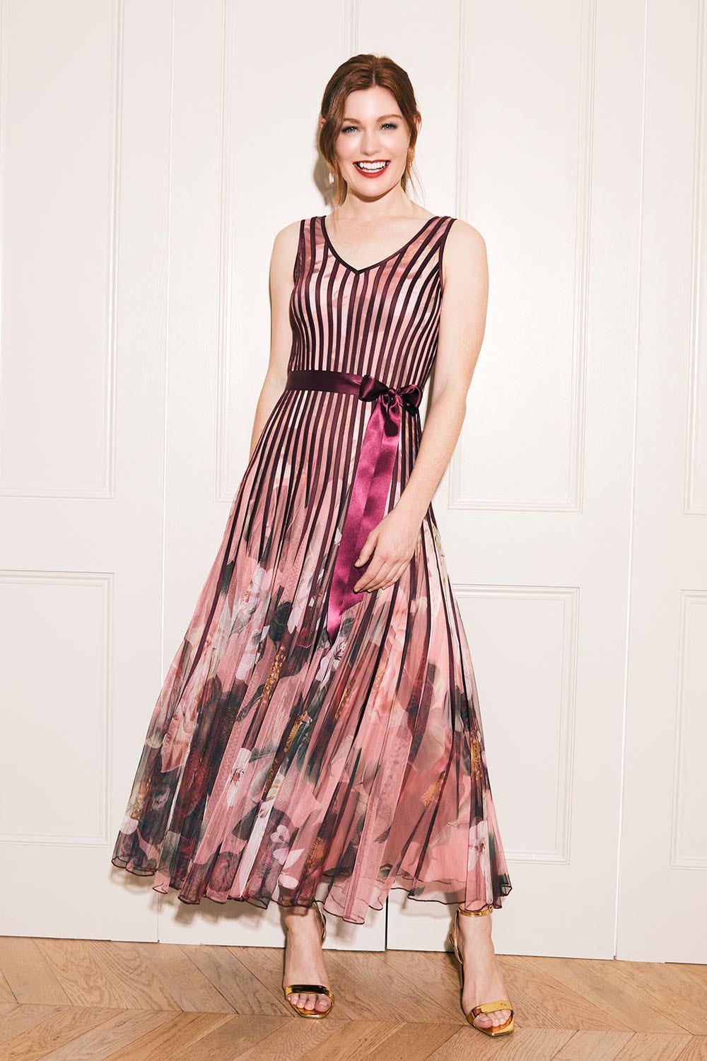 Red | Floral Striped Mesh Midi Dress