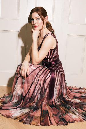 Red | Floral Striped Mesh Midi Dress