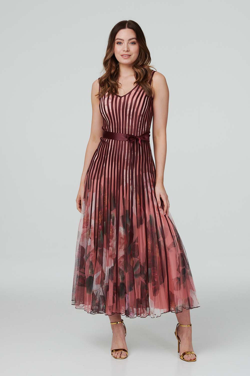 Red | Floral Striped Mesh Midi Dress