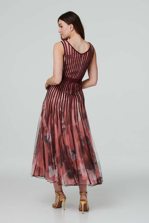 Red | Floral Striped Mesh Midi Dress