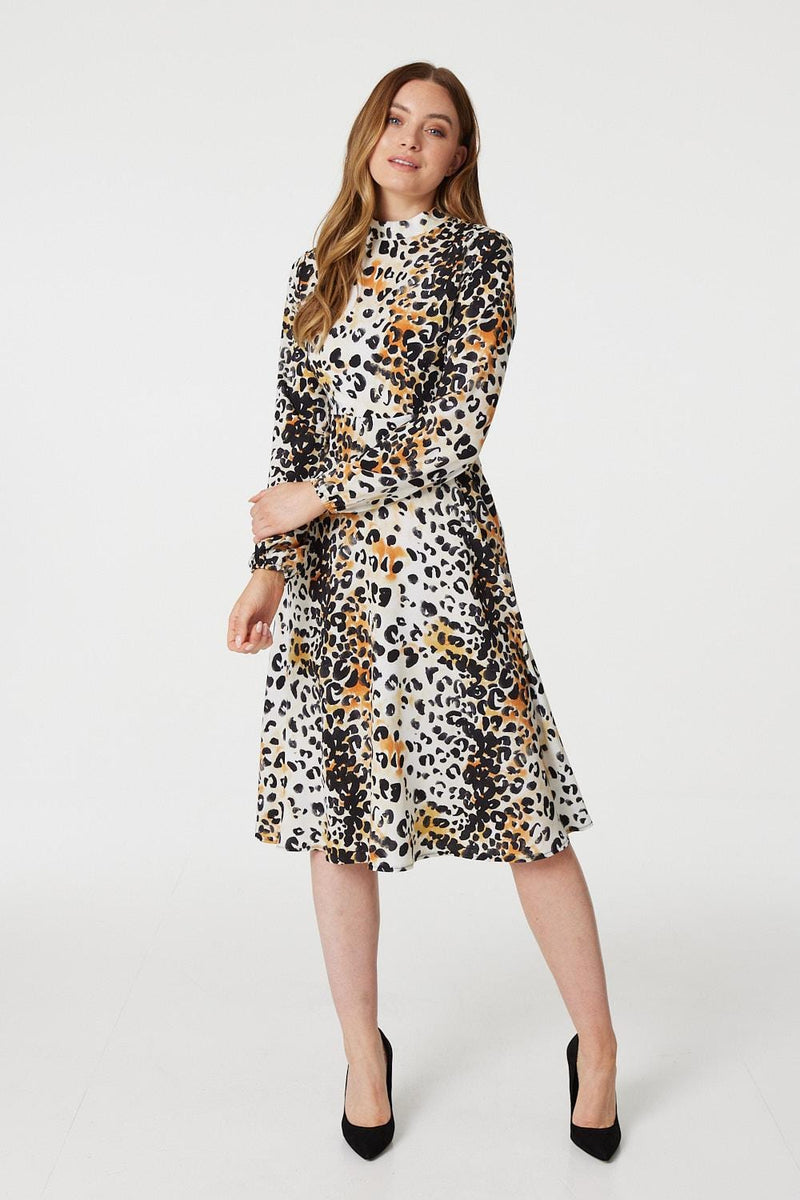 Orange | Leopard Print High Neck Midi Dress