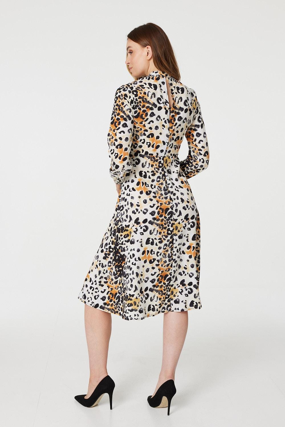 Orange | Leopard Print High Neck Midi Dress