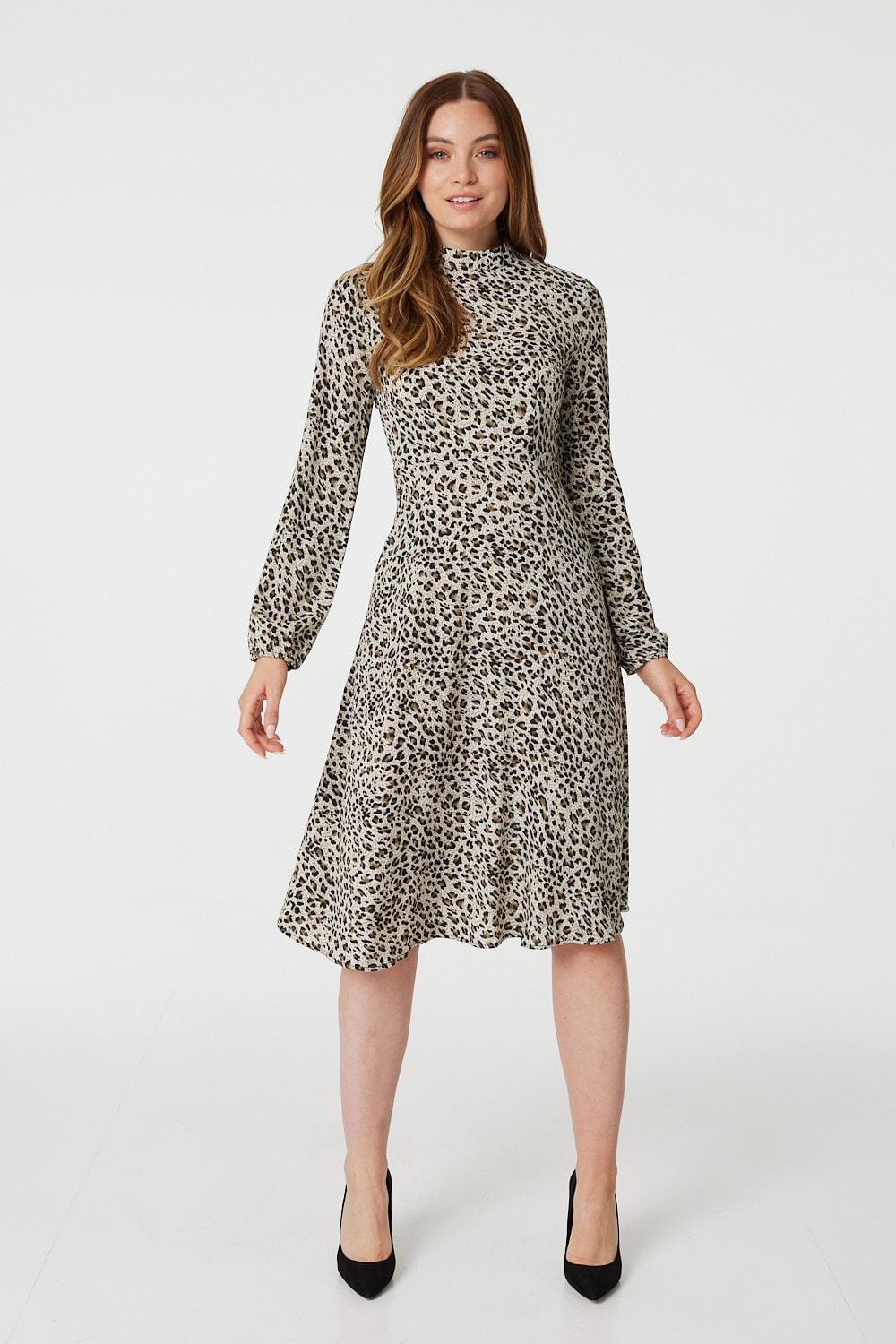 Khaki | Animal Print Long Sleeve Midi Dress