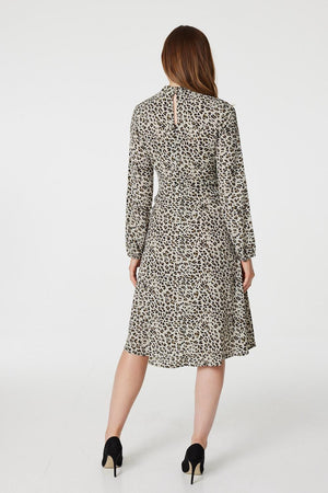 Khaki | Animal Print Long Sleeve Midi Dress