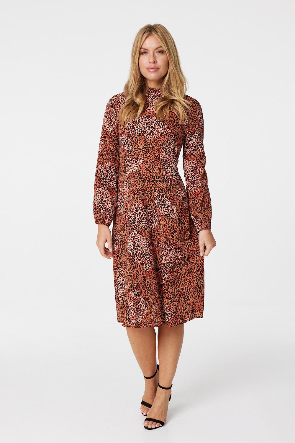 Beige | Ditsy Print High Neck Midi Dress
