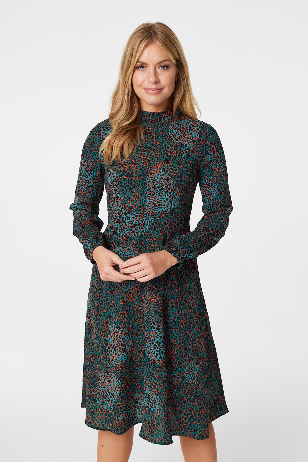 Green | Ditsy Print High Neck Midi Dress