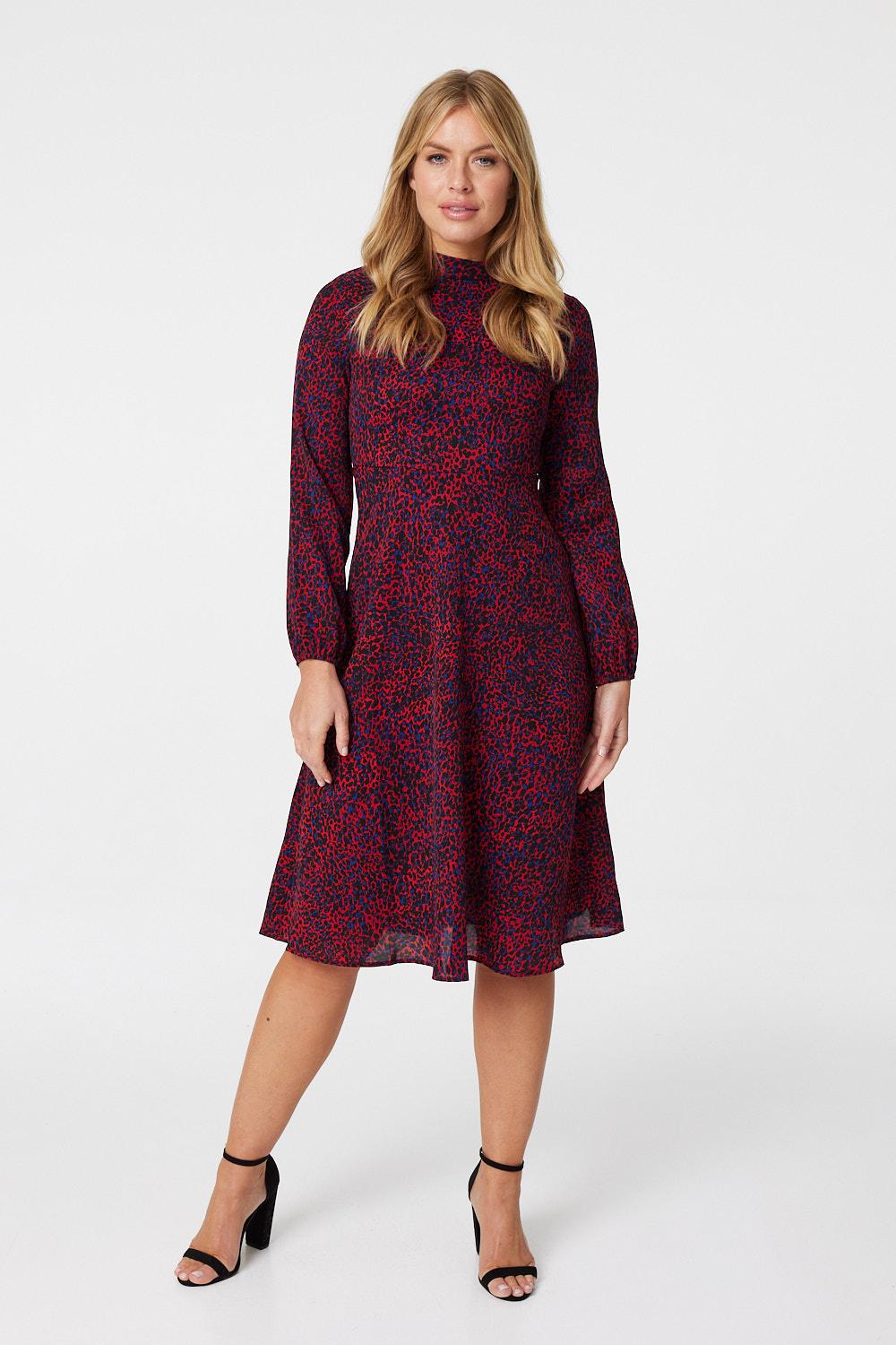 Red | Ditsy Print High Neck Midi Dress
