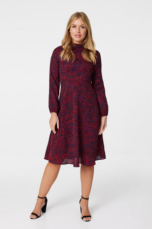 Red | Ditsy Print High Neck Midi Dress