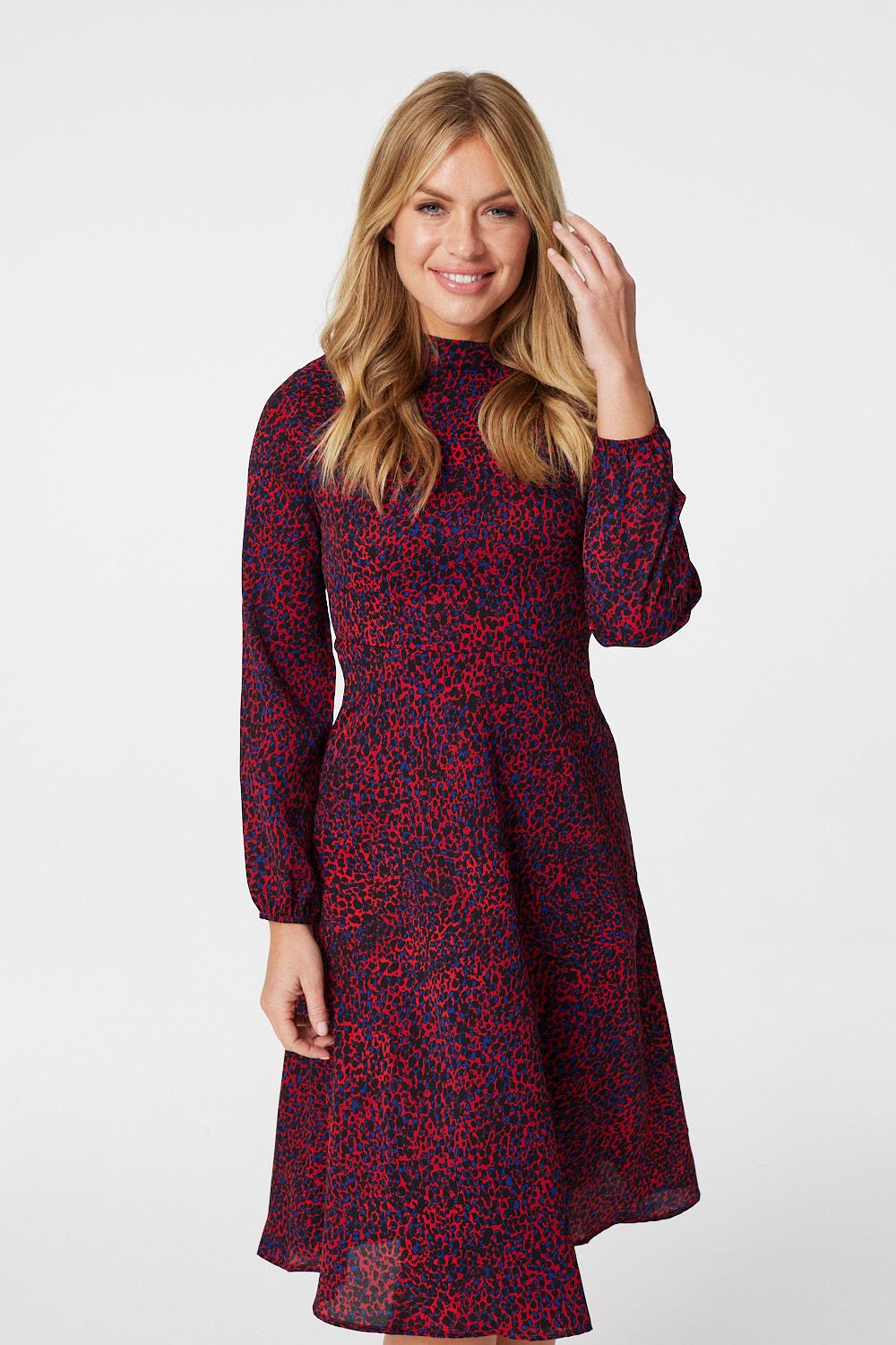 Red | Ditsy Print High Neck Midi Dress
