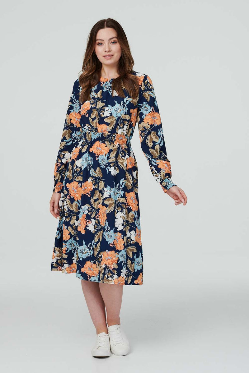 Navy | Floral Midi Tea Dress