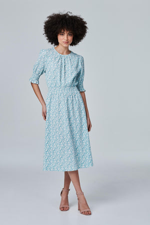 Green | Printed Puff Sleeve Tea Dress