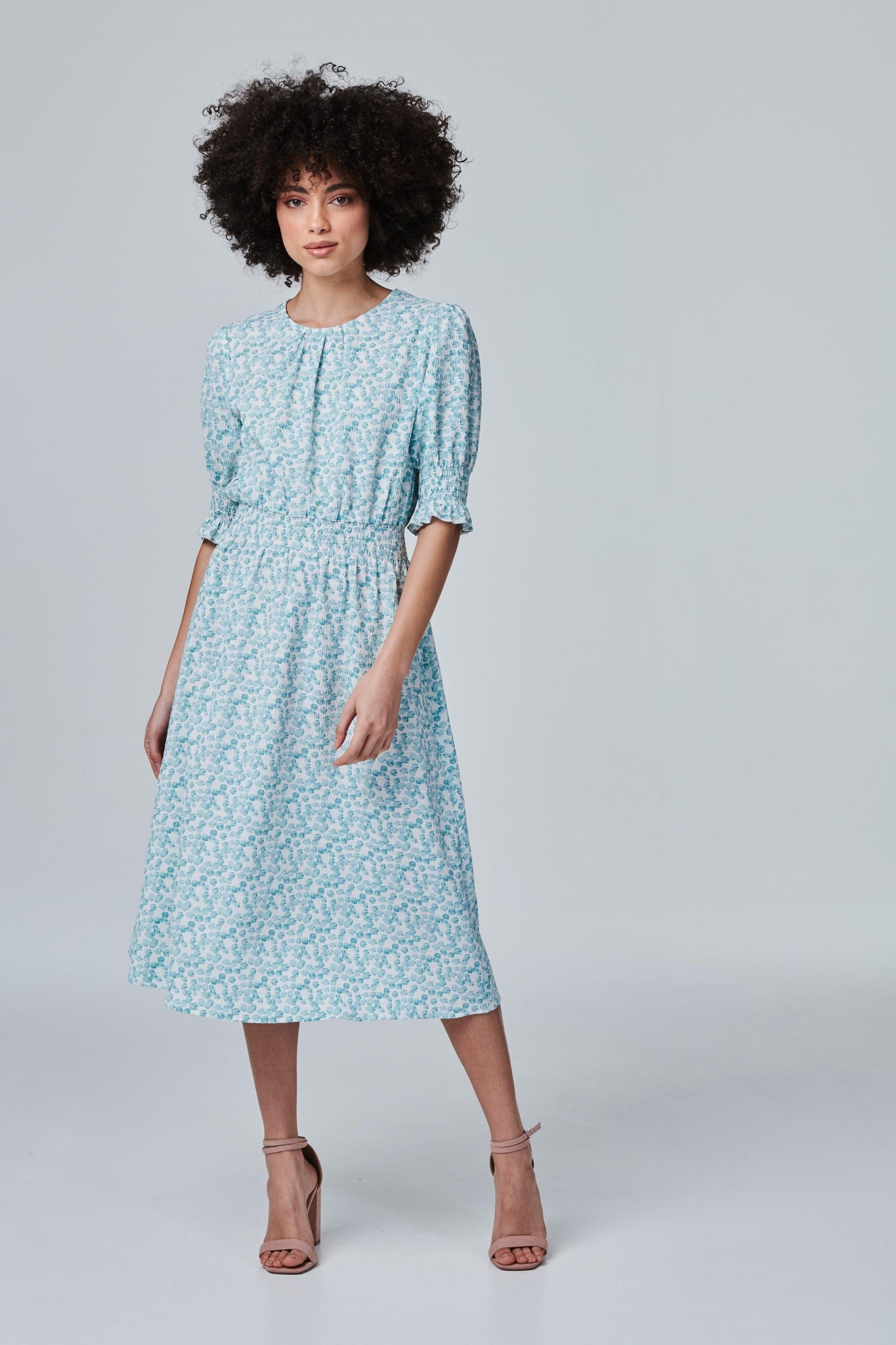 Green | Printed Puff Sleeve Tea Dress