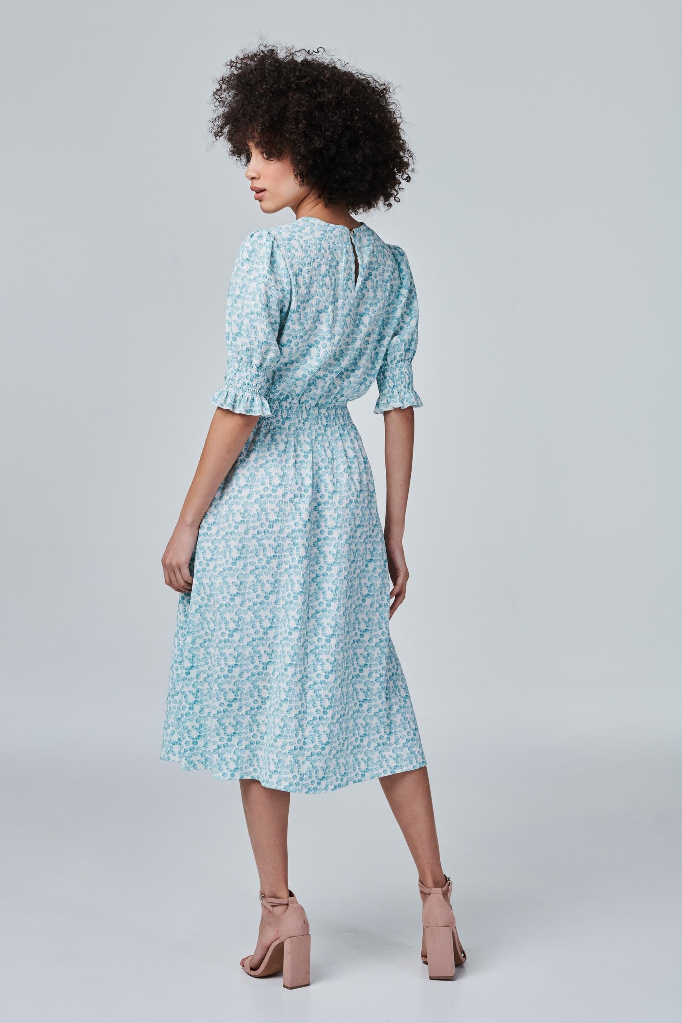 Green | Printed Puff Sleeve Tea Dress