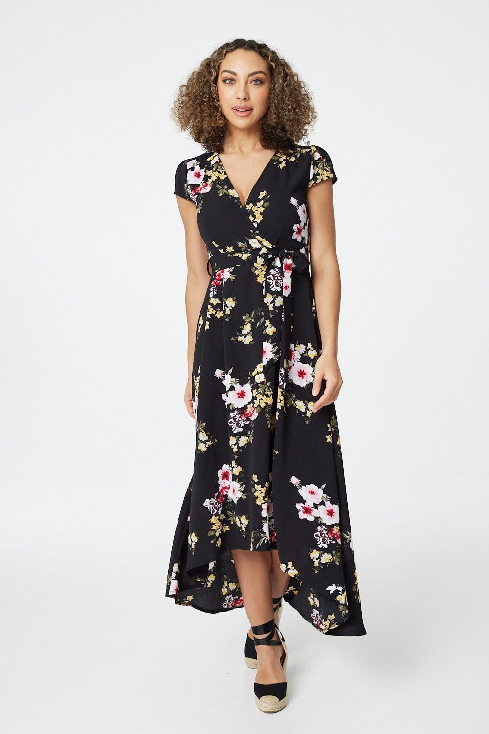 Black | Floral Cap Sleeve Wrap Maxi Dress