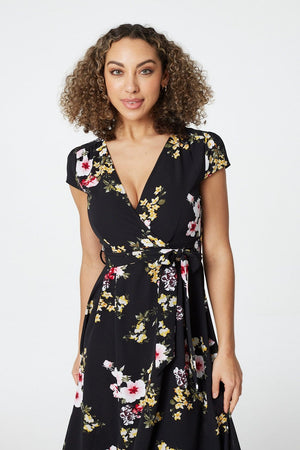 Black | Floral Cap Sleeve Wrap Maxi Dress