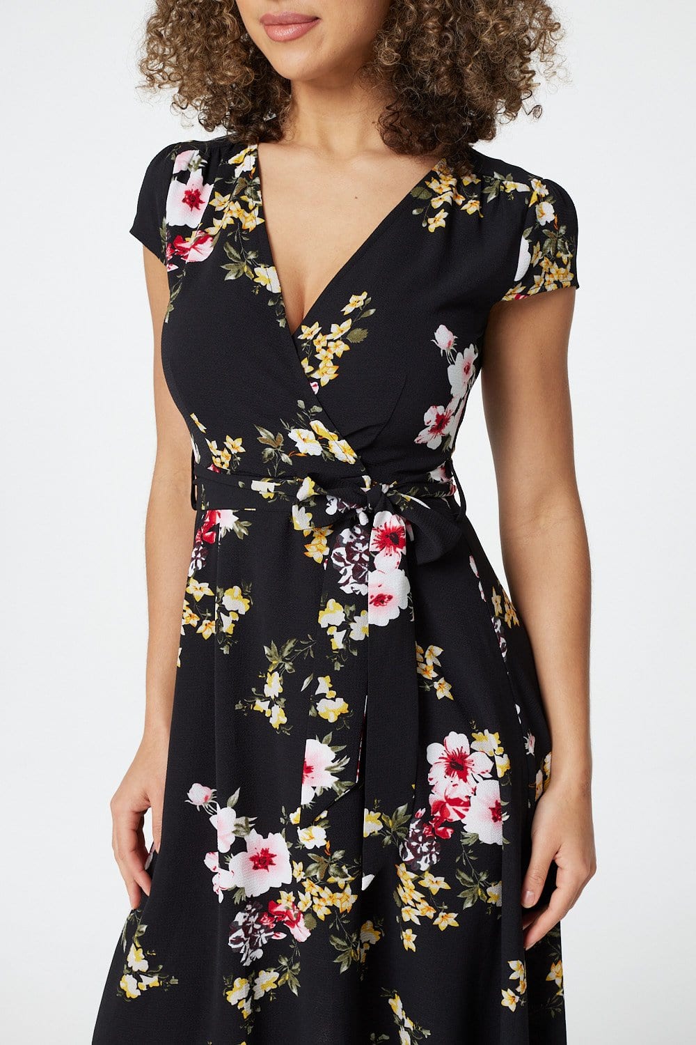 Black | Floral Cap Sleeve Wrap Maxi Dress