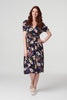 Navy | Floral Shirred Detail Midi Dress