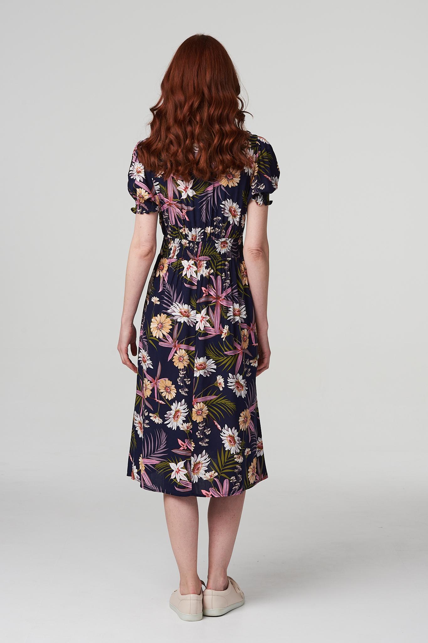 Navy | Floral Shirred Detail Midi Dress