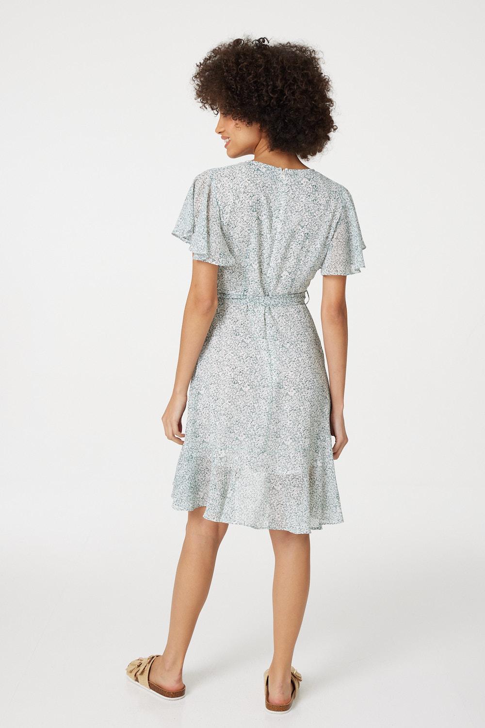 Green | Printed Flare Sleeve Wrap Dress