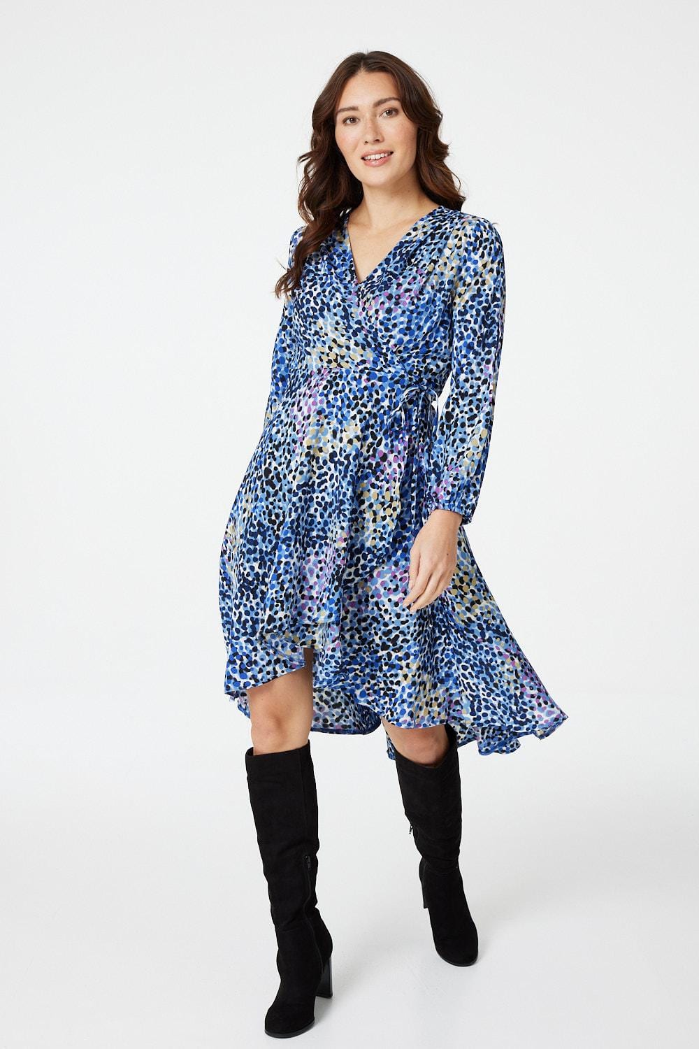 Blue | Printed V-Neck Wrap Front Dress