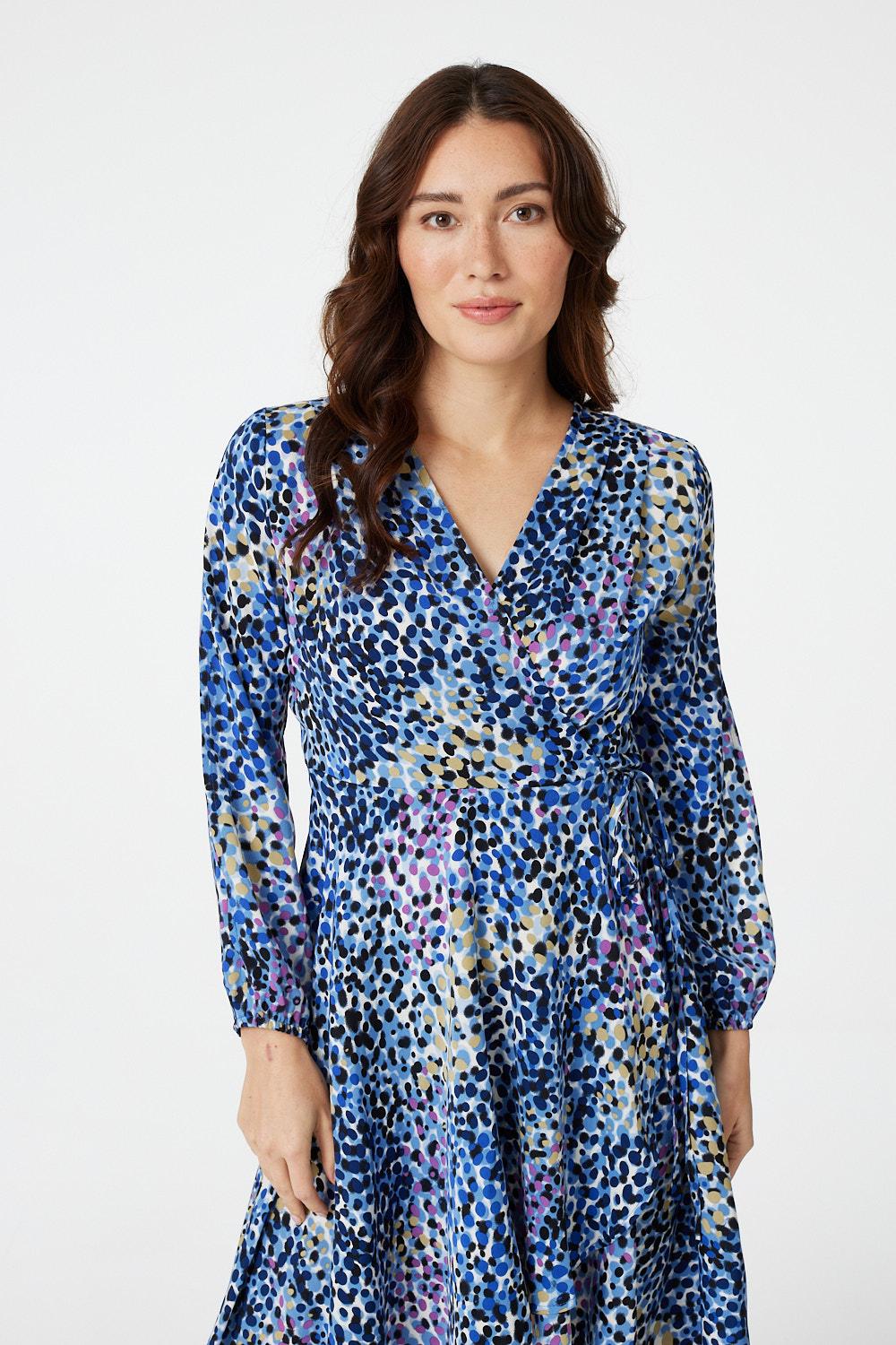 Blue | Printed V-Neck Wrap Front Dress