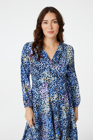 Blue | Printed V-Neck Wrap Front Dress