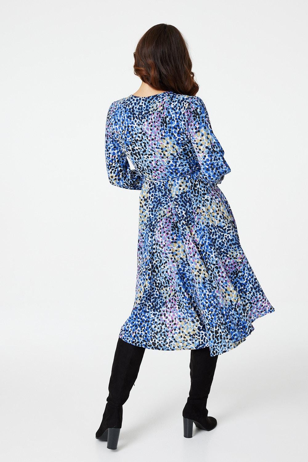 Blue | Printed V-Neck Wrap Front Dress