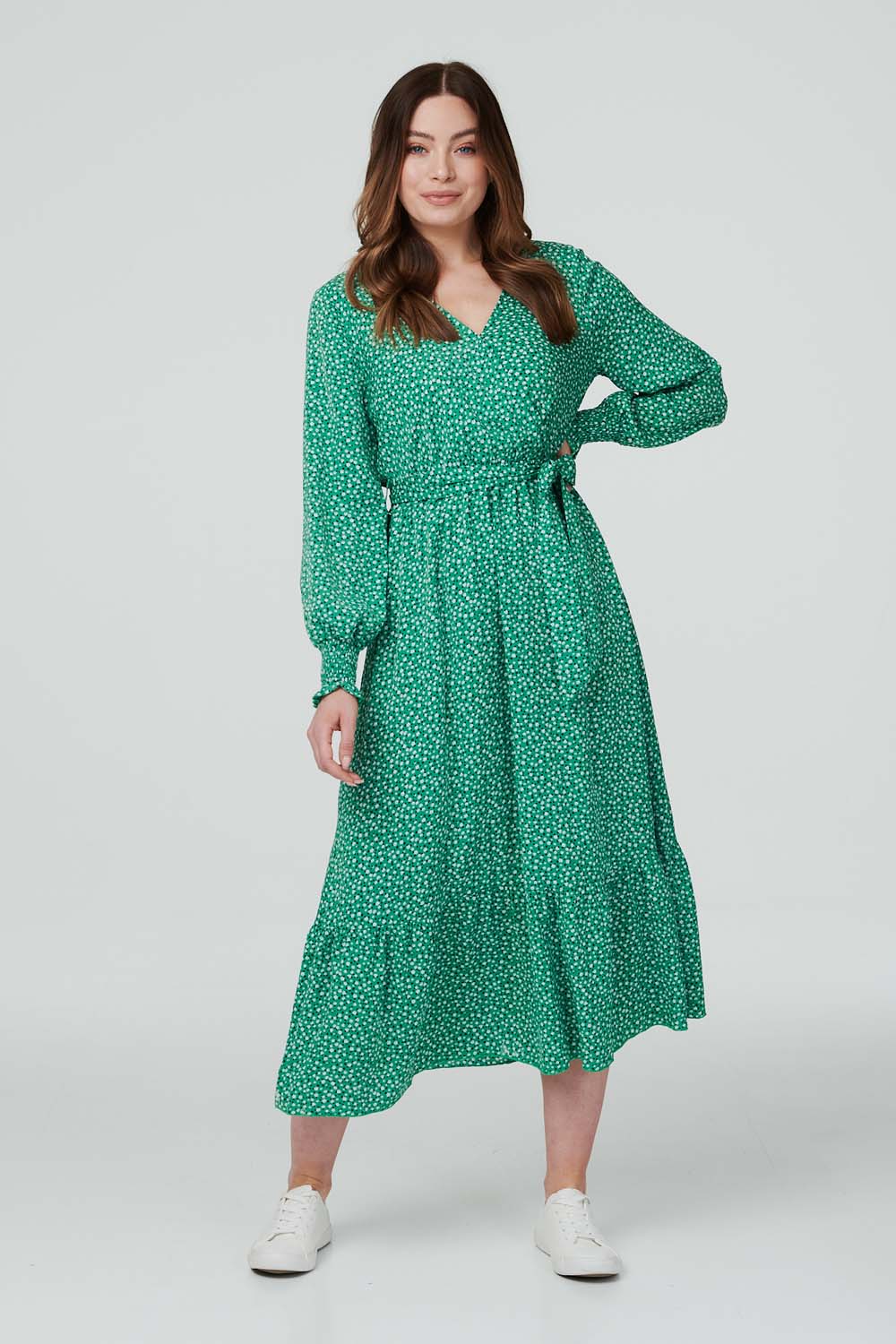 Green | Printed Long Sleeve Wrap Dress