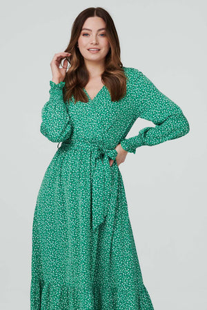 Green | Printed Long Sleeve Wrap Dress