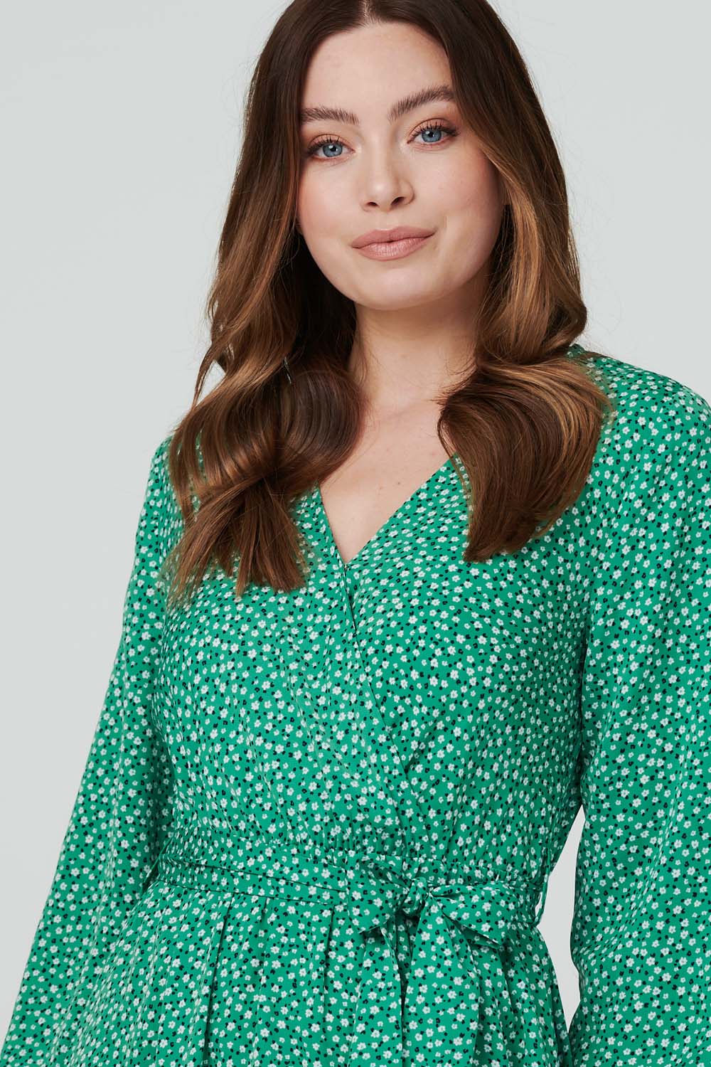 Green | Printed Long Sleeve Wrap Dress