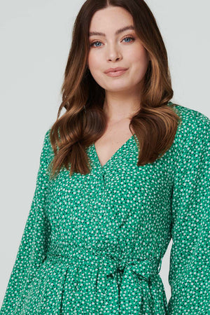 Green | Printed Long Sleeve Wrap Dress