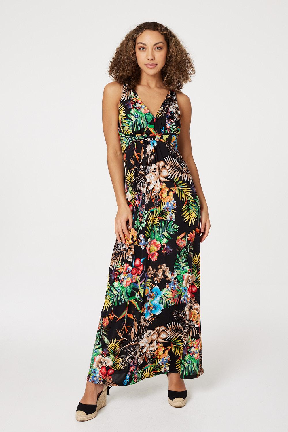Black | Tropical Print Empire Maxi Dress