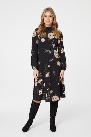 Rose Print Long Sleeve Midi Dress