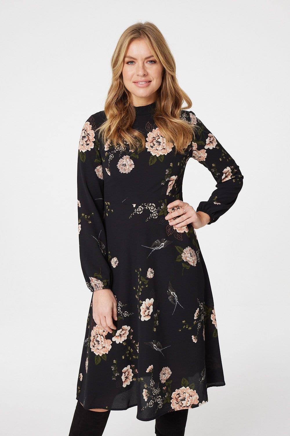Black | Rose Print Long Sleeve Midi Dress