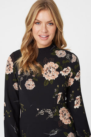 Black | Rose Print Long Sleeve Midi Dress