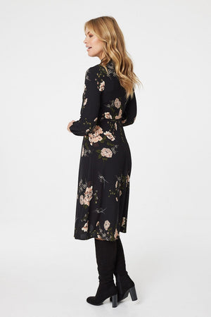 Black | Rose Print Long Sleeve Midi Dress