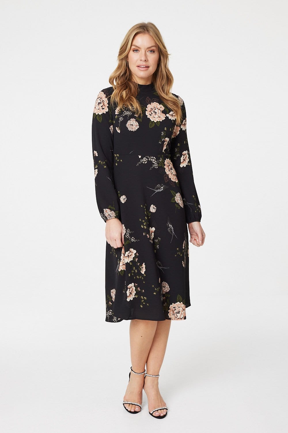 Black | Rose Print Long Sleeve Midi Dress