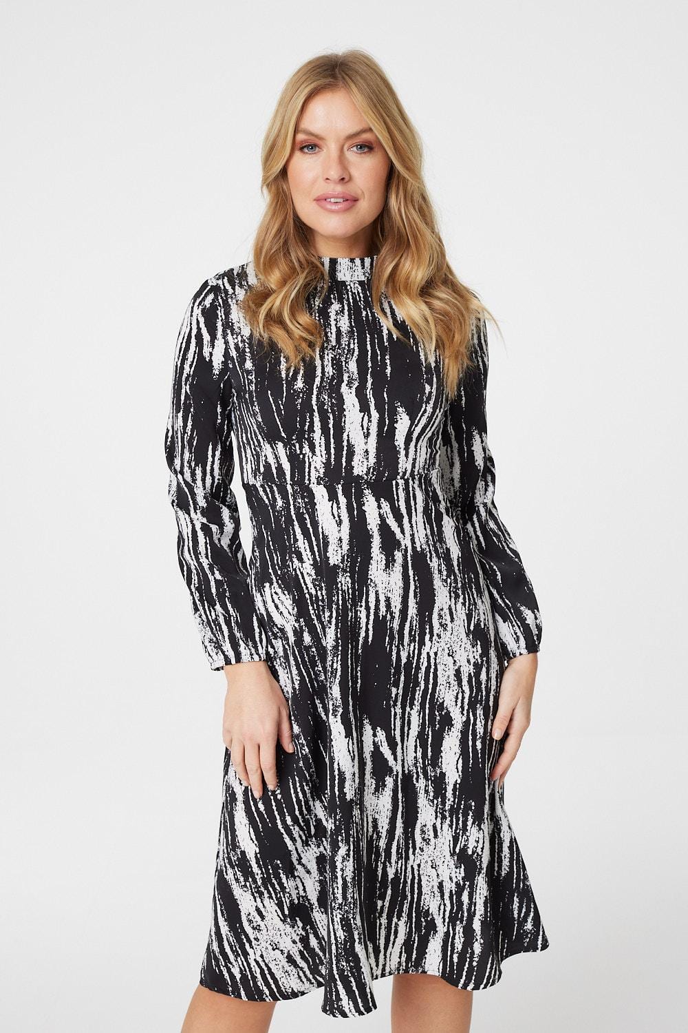 Black And White | Printed High Neck Midi Dress