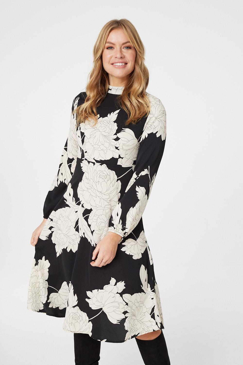 Black | Monochrome Floral Midi Dress