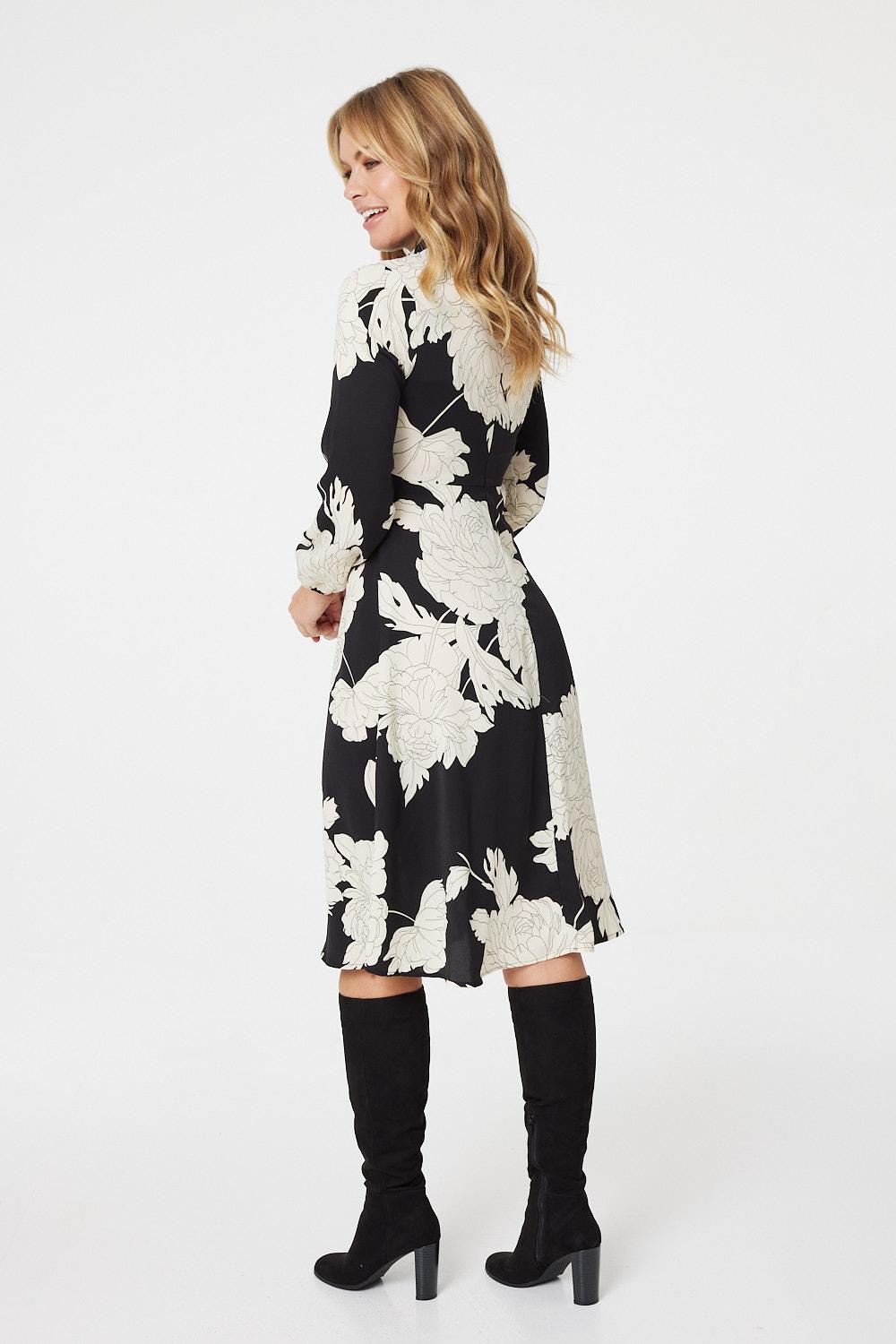 Black | Monochrome Floral Midi Dress
