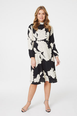 Black | Monochrome Floral Midi Dress