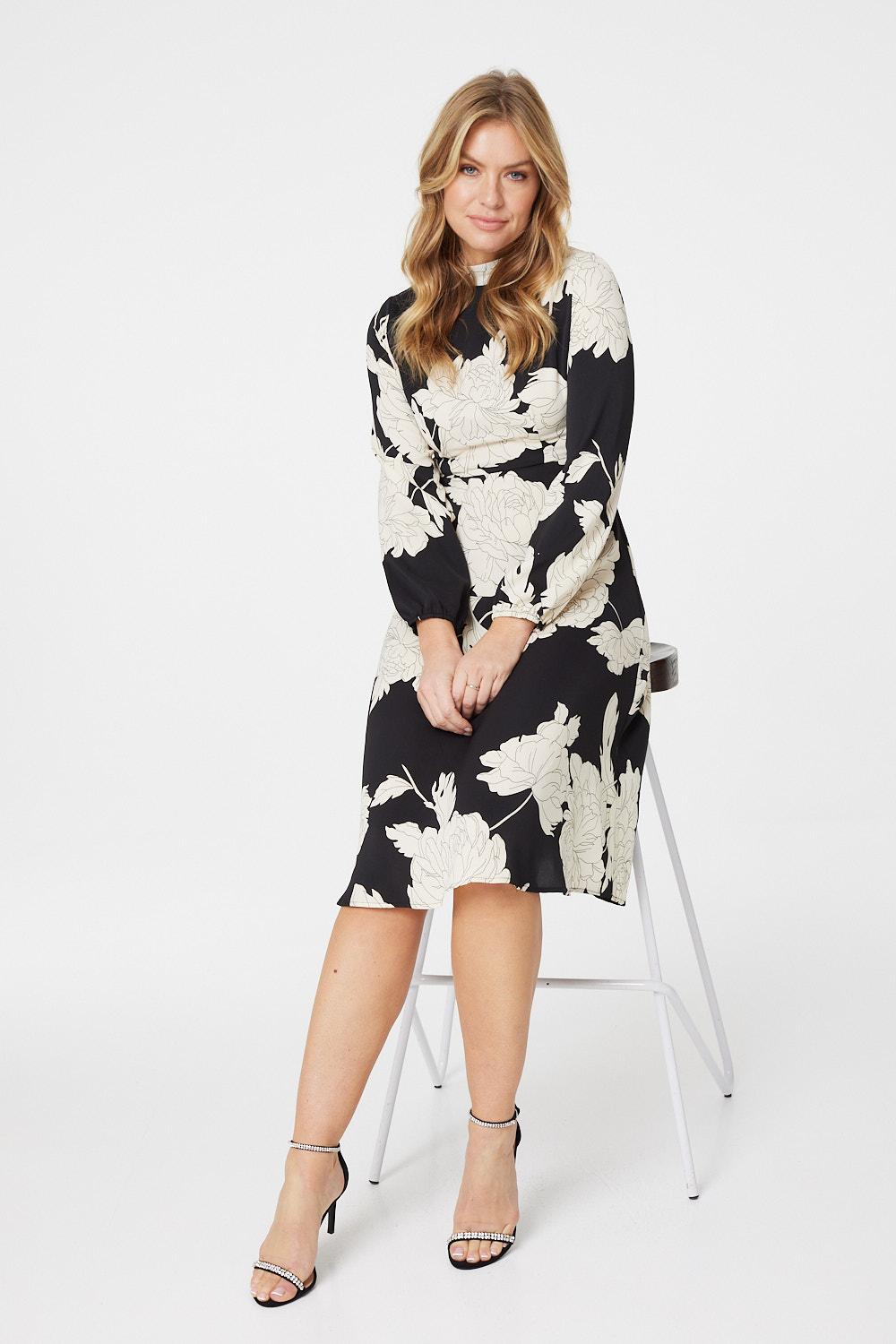 Black | Monochrome Floral Midi Dress