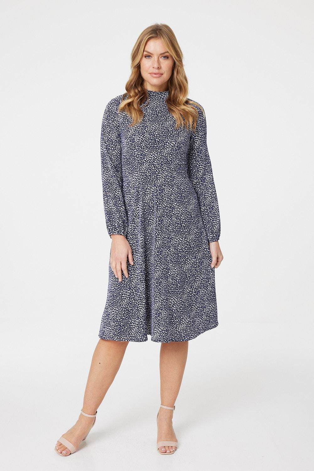 Navy | Ditsy Print Long Sleeve Midi Dress