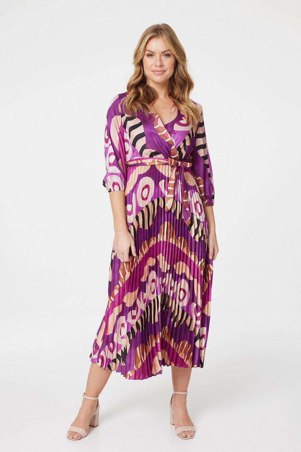 Purple | Ikat Print Wrap Front Satin Midi Dress