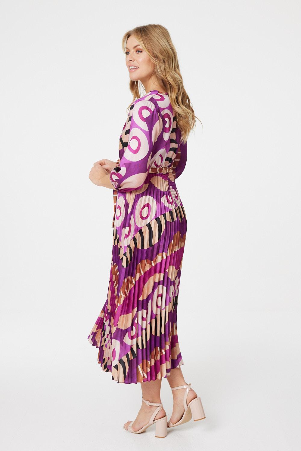 Purple | Ikat Print Wrap Front Satin Midi Dress